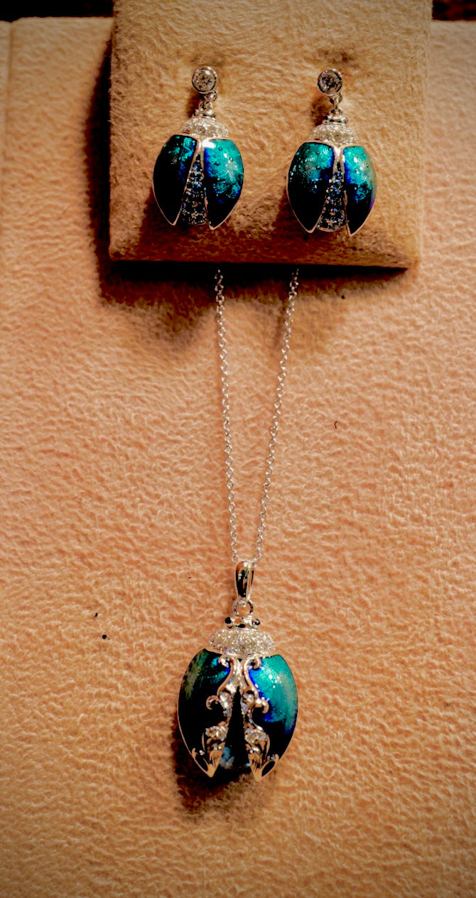 Blue Enamel & Blue Topaz Lady Bug Necklace and Earrings