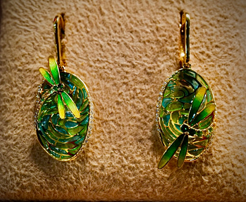 Dragonfly Enamel 18K Gold Earrings